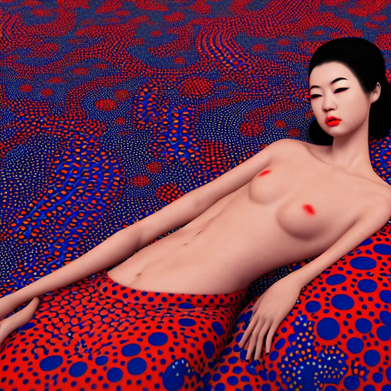 Image similar to hyperrealistic detailed image of a geisha laying in a art installation room, hd smooth interior by yayoi kusama, part by kei mieno, part by ross tran, dark art by james jean, ultra realistic, highly detailed, life like face, detailed body, 8 k, 3 d render by roger magrini, very cohesive, masterpiece