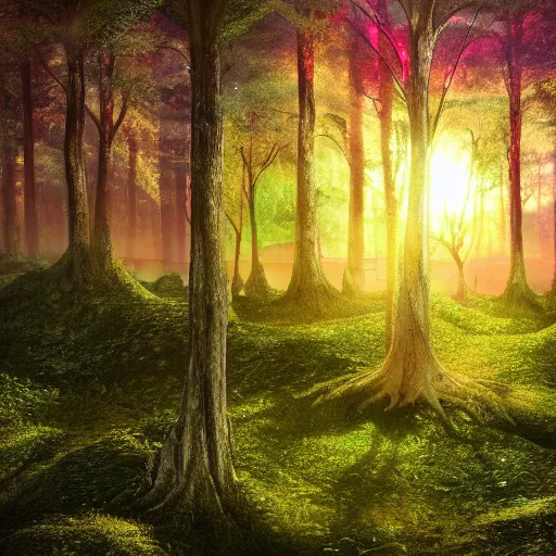 Image similar to a very detailed, highly rendered, highly photorealistic, spectacular, lively, warm tree standing in a thickly vegetated forest in a fantasy world, realistic, high definition, dreamlike light incidenc, holy light shining on it, during a colorful sunraise, award winning picture, trippy