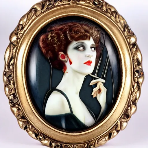 Prompt: hyperrealistic detailed artnouveau vampire woman portrait sharp - focus as a rene lalique jewelry