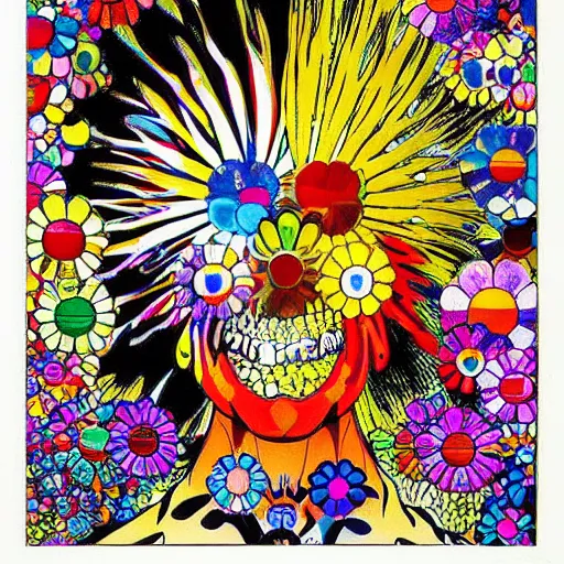 Image similar to silhouette of man's head exploding into flowers, bright colors, Takashi Murakami, Minimalist,