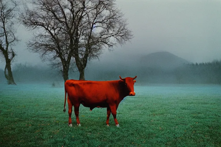 Prompt: film color photography, cow in the blue fog at the lawn, mountains in distance, 35mm