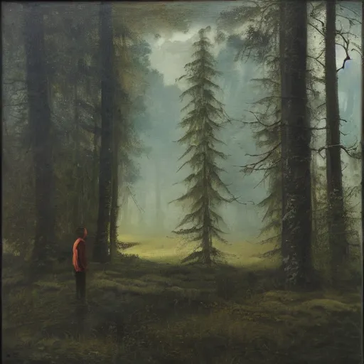 Image similar to a man looking in the forest to see an oversized terrifying monster, dramatic oil painting