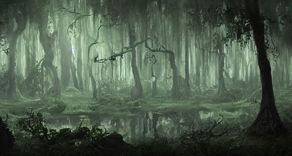 Prompt: A dense and dark enchanted forest with a swamp, by studio 4c