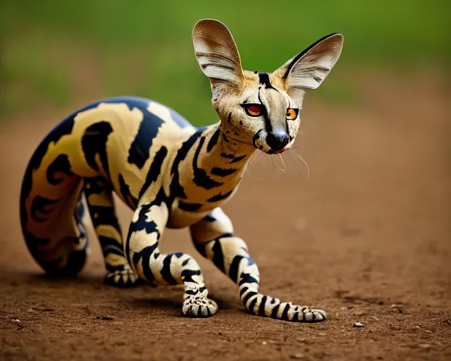 Prompt: an award winning photo of a serval - headed ball python, legless!!!!!!, environmental portrait photography, national geographic, 4 k, sharp focus