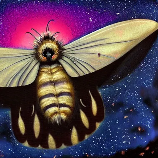 Prompt: Mothra flying in the night sky, magical, astrophotography