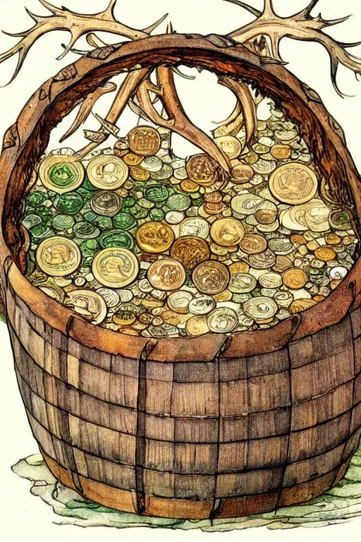 Prompt: a frothy wooden wine barrel in the center of a frame made of antlers and coins, art by walter crane and arthur rackham, illustration style, watercolor