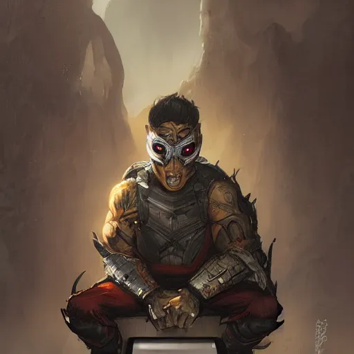 Image similar to an insanely detailed painting of a asian man wearing a homemade superhero costume and mask, sitting at a computer desk typing on the keyboard, in the style of peter mohrbacher, dramatic lighting and composition, trending on artstation, concept art, comic book, graphic novel, back view