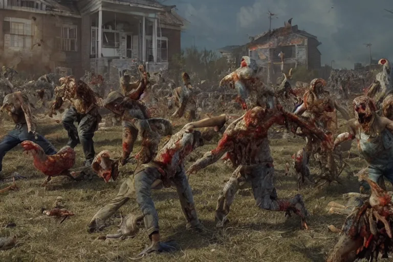 Image similar to Crazy redneck zombies fight a horde of dressed chickens, 3d scene, render, ultra realistic, zenith view, Greg Rutkowski, artstation, cgsociety, unreal engine, ray tracing, detailed illustration, hd, 4k, Trending on artstation, deviantart