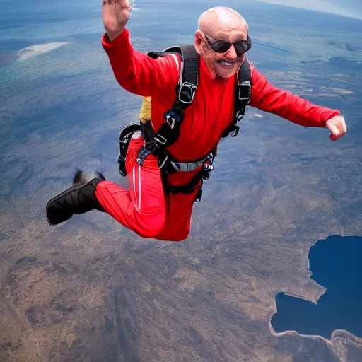 Image similar to elderly man skydiving over a volcano, smiling, happy, volcano, hot, eruption, magma, lava, canon eos r 3, f / 1. 4, iso 2 0 0, 1 / 1 6 0 s, 8 k, raw, unedited, symmetrical balance, wide angle