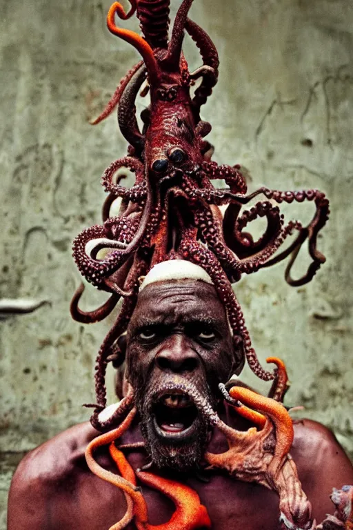 Image similar to A wideangle colorchrome shot of a old screaming voodoo priest with a octopus on his head and the tentacles around his body, low light, style by Steve McCurry, scary, evil looking, wide angle shot