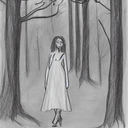 Image similar to a drawing of a woman in a white dress in a forest