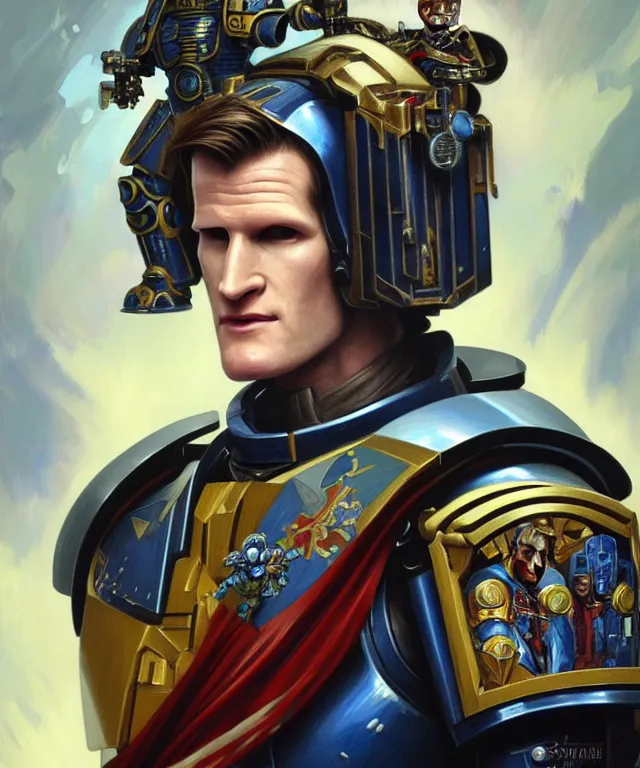 Image similar to Matt Smith Doctor Who as Warhammer 40k Space Marine, portrait, fantasy, intricate, elegant, highly detailed, digital painting, artstation, concept art, smooth, sharp focus, illustration, art by artgerm and greg rutkowski and alphonse mucha