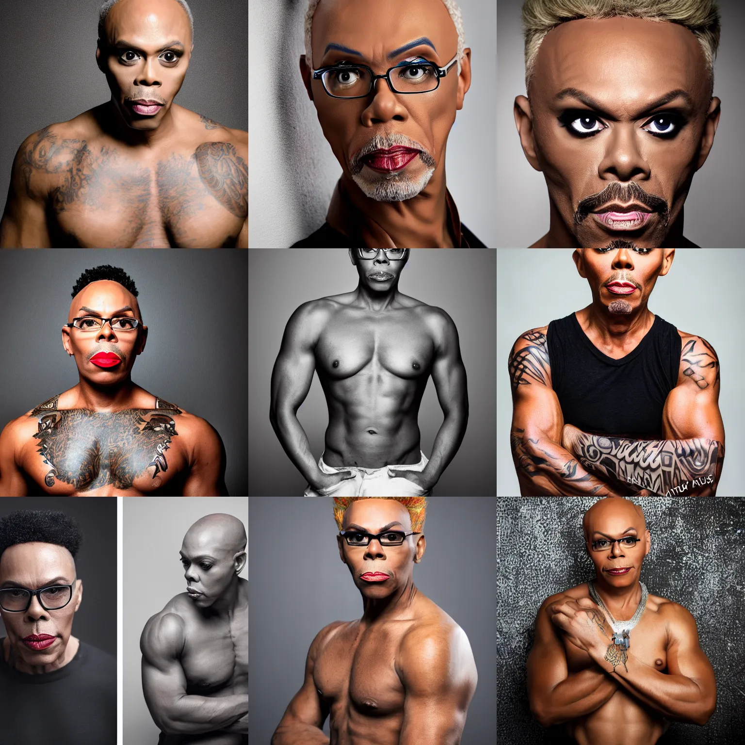 Prompt: studio portrait of rupaul, masculine, macho, short styled hair, detailed, realistic, dslr