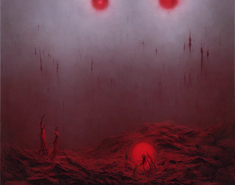 Prompt: A nightmarish hellscape full of cosmic horrors and indescribable phenomena, by Zdzisław Beksiński and Greg Rutkowski, horror, blood red, cinematic, highly detailed, 8k