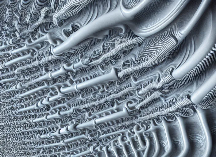 Image similar to an arrangement of ceramic pipes in the shape of vocal tracts ejecting a pattern of fractal jet streams of air, xenomorph, highly detailed, 8 k, octane,