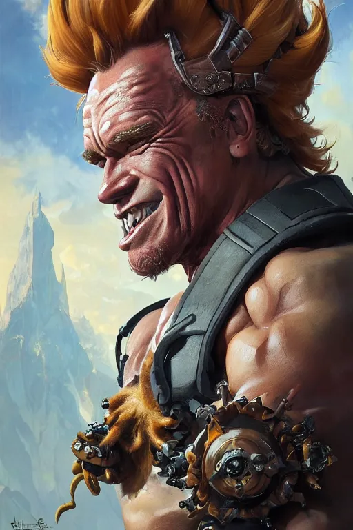 Image similar to portrait of arnold schwarzenegger as junkrat from overwatch, full body, fantasy, intricate, elegant, highly detailed, digital painting, artstation, concept art, sharp focus, illustration, art by artgerm and greg rutkowski and alphonse mucha