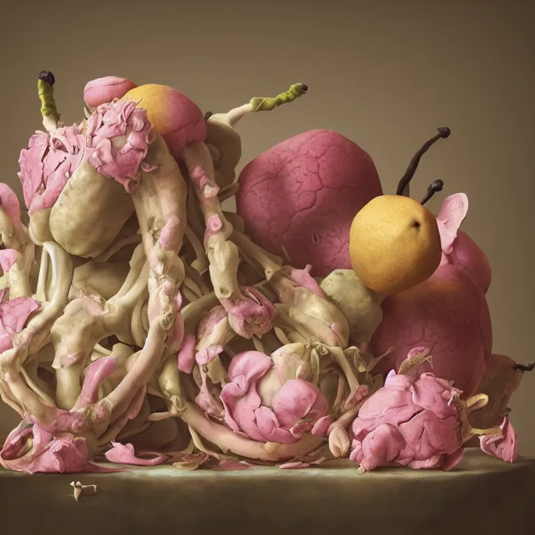 Prompt: still life of rotten flesh, beautiful pastel flowers, human spine, tropical fruit baroque painting, beautiful detailed intricate insanely detailed octane render, 8K artistic photography, photorealistic