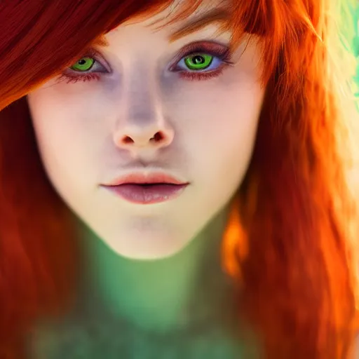 Image similar to full body detailed shot of a beautiful red haired woman with a beautiful face, green eyes high detail, looking at the camera, lush dreamy background, vaporware, 8 k