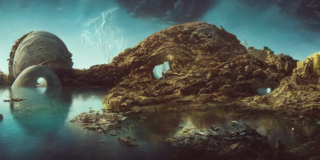 Image similar to artgem and Beeple masterpiece, hyperrealistic surrealism, scifi wide angle landscape in California, award winning masterpiece with incredible details, epic stunning, infinity pool, a surreal liminal space, highly detailed, trending on ArtStation, calming, meditative, surreal, sharp details, dreamscape, giant gold head statue ruins, crystal clear water