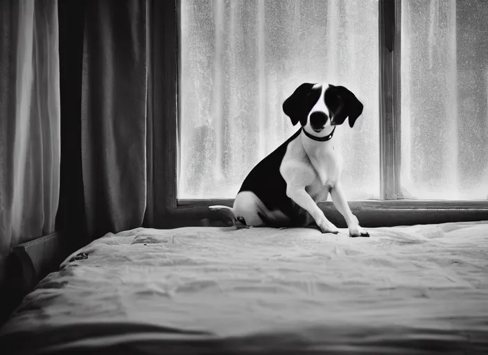 Prompt: photography of a jack russel. watching outside the window. on a bed. in a vintage room full of vinyls and posters., volumetric light, photorealistic,, award winning photo, 1 0 0 mm, sharp, high res