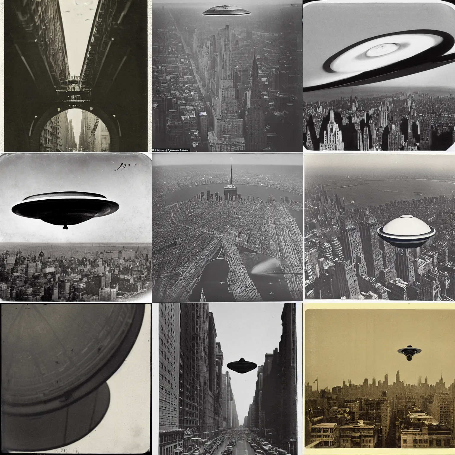 Prompt: daguerotype of a flying saucer over new york city, vintage photography from the 1 8 0 0 s