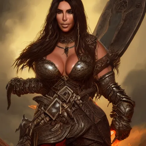 Prompt: kim kardashian as a female barbarian in heavy armor standing on a dragons corpse, au naturel, hyper detailed, digital art, trending in artstation, cinematic lighting, studio quality, smooth render, unreal engine 5 rendered, octane rendered, art style by klimt and nixeu and ian sprigger and wlop and krenz cushart