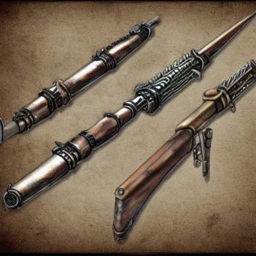 Prompt: steampunk style weapons, concept design