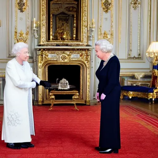 Image similar to Queen Elizabeth playing with a android white robot in the Buckingham palace