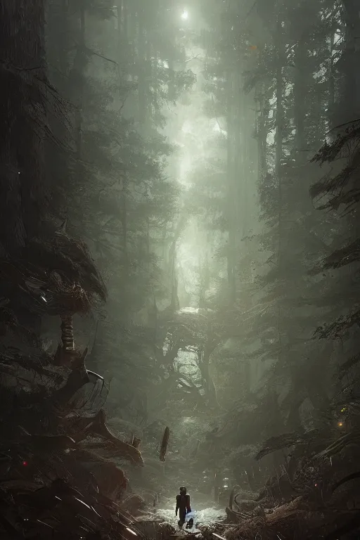 Image similar to A sci-fi forest by Greg Rutkowski, Sung Choi, Mitchell Mohrhauser, Maciej Kuciara, Johnson Ting, Maxim Verehin, Peter Konig, final fantasy , 8k photorealistic, cinematic lighting, HD, high details, atmospheric,