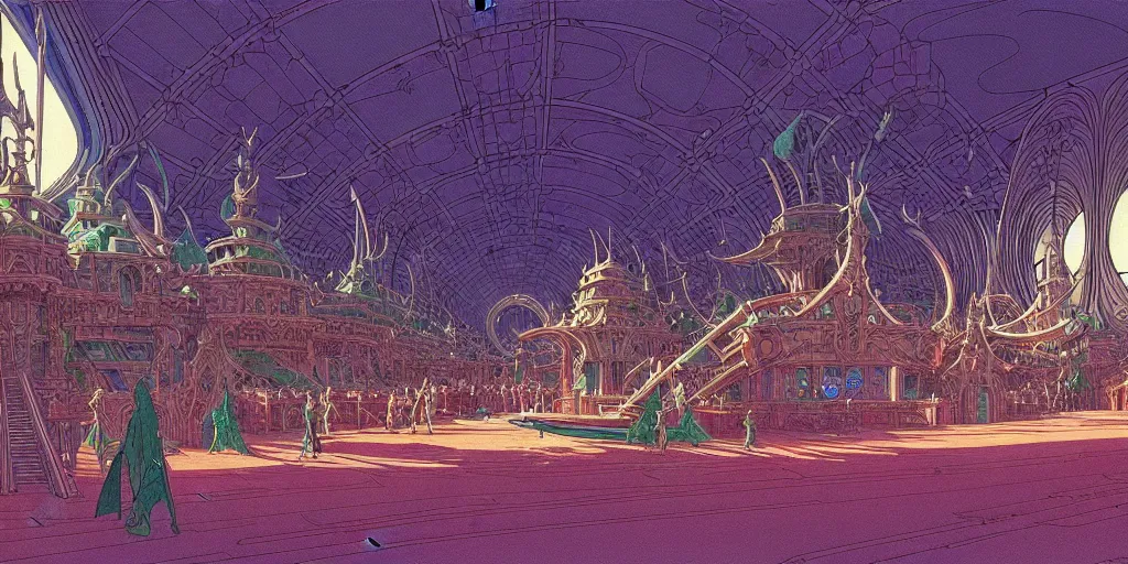 Image similar to cel shaded cinematic shot of the interior of a sci-fi space station with ornate Elven architecture bustling with people, epic castle, emerald, crystalline, detailed illustration, sharp focus, crisp lines, art by Moebius!!!, Jean Giraud Moebius!!! comic illustration