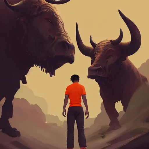 Prompt: man in orange t - shirt chased by big black bulls, concept design, contrast, kim jung gi, greg rutkowski, trending on artstation, 8 k, full body, turnaround, front view, back view, ultra wide angle