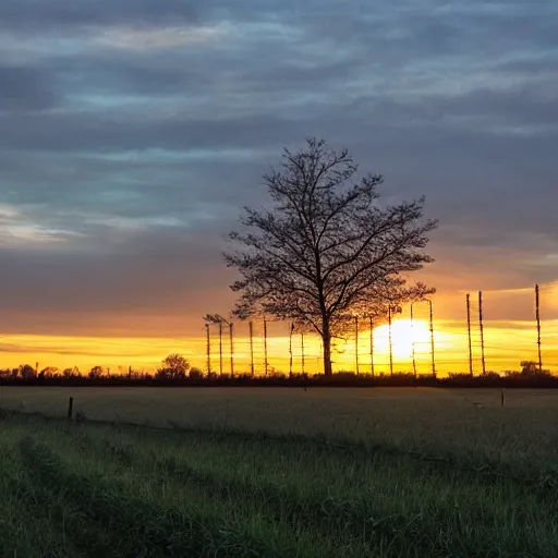 Prompt: hop farm with the sun rising in the distance