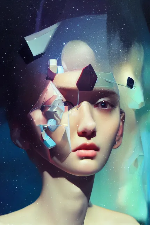 Image similar to 3 d, close - up, sleepy fashion model, plastic, deep night, stars, poster art, intricate oil painting, high detail, figurative art, multiple exposure, poster art, 3 d, by stanley kubrick and tooth wu and wlop and beeple