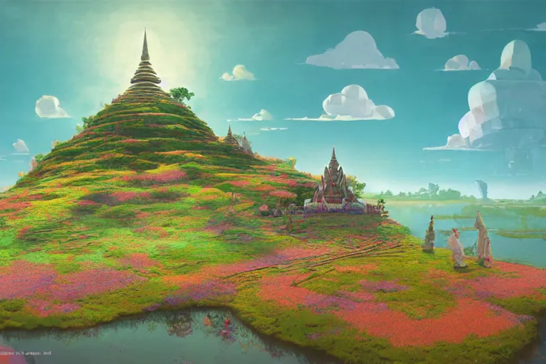Image similar to surreal glimpse into other universe, floating island in the sky, a thai temple on a mound, summer morning, very coherent and colorful high contrast, art by gediminas pranckevicius, geof darrow, makoto shinkai, dark shadows, hard lighting