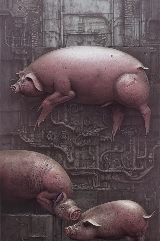 Image similar to pig machine by giger, zdzisław beksinski, greg rutkowski, maxim verehin