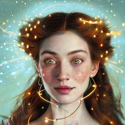 Prompt: a totally amazed smiling pretty woman surrounded by golden firefly lights in a mesmerizing scene, fully covering intricate detailed bohemian outfit, long loose red hair, precise linework, accurate green eyes, small nose with freckles, beautiful smooth oval head, expressive emotions, hyper realistic ultrafine portrait by artemisia gentileschi, jessica rossier, greg rutkowski, artgerm