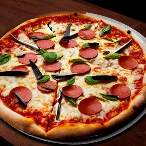 Image similar to A pizza with knives as toppings, realistic, ultra high detail, 8k, close up.