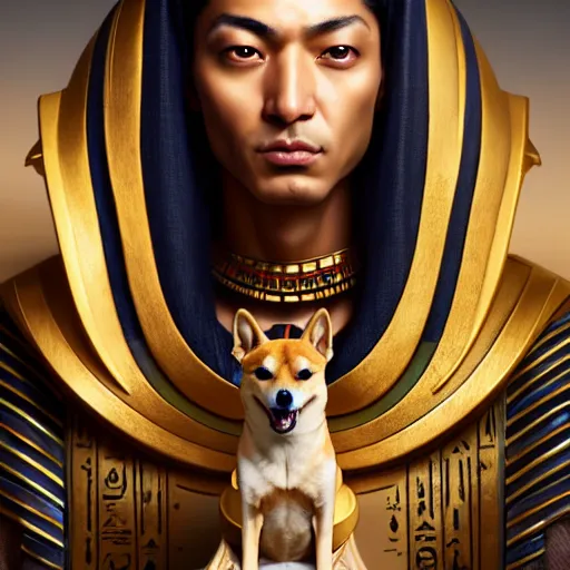 Image similar to portrait painting of egyptian pharaoh with a shiba inu, ultra realistic, concept art, intricate details, eerie, highly detailed, photorealistic, octane render, 8 k, unreal engine. art by artgerm and greg rutkowski and charlie bowater and magali villeneuve and alphonse mucha