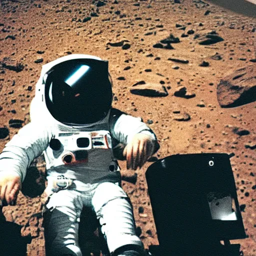 Image similar to polaroid carl sagan in a spacesuit on mars, with rover, detailed face