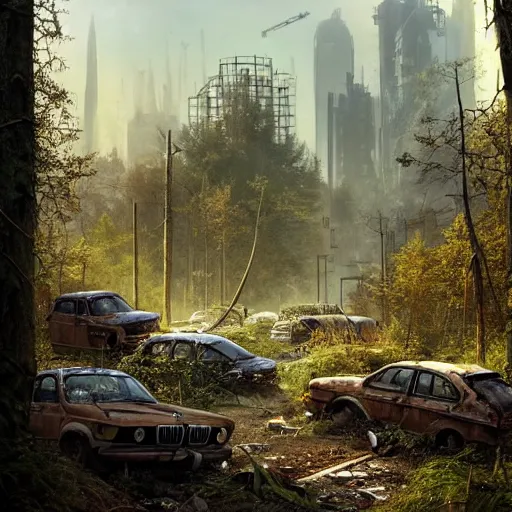 Prompt: postapocalyptic city of munic!!!, wild forest!!! vegetation!!!, small rubble!!, rusty bmw cars!!, hyperrealistic, highly detailed, cinematic, sunny light, beautiful, cgssociety, artstation, 8 k, oil painting by greg rutkowski, by artgerm, by wlop