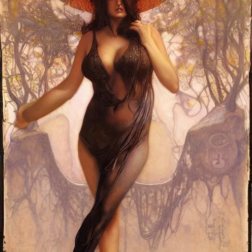 Prompt: masterpiece full body portrait of sunny leone with a perfect body wearing silk slip in a dungeon setting, by Edgar Maxence and Ross Tran and Michael Whelan and Gustav Klimpt