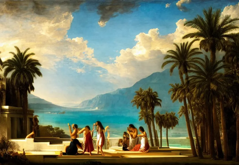 Image similar to The highest palace ever made, thunderstorm, greek pool, beach and palm trees on the background major arcana sky, by paul delaroche, hyperrealistic 4k uhd, award-winning very detailed