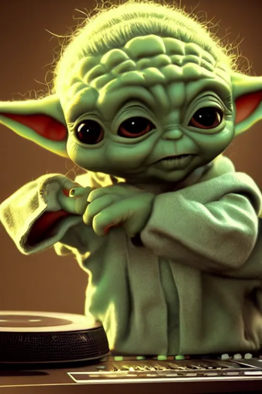 Image similar to baby yoda as a dj, illustration, highly detailed, artstation, grogu