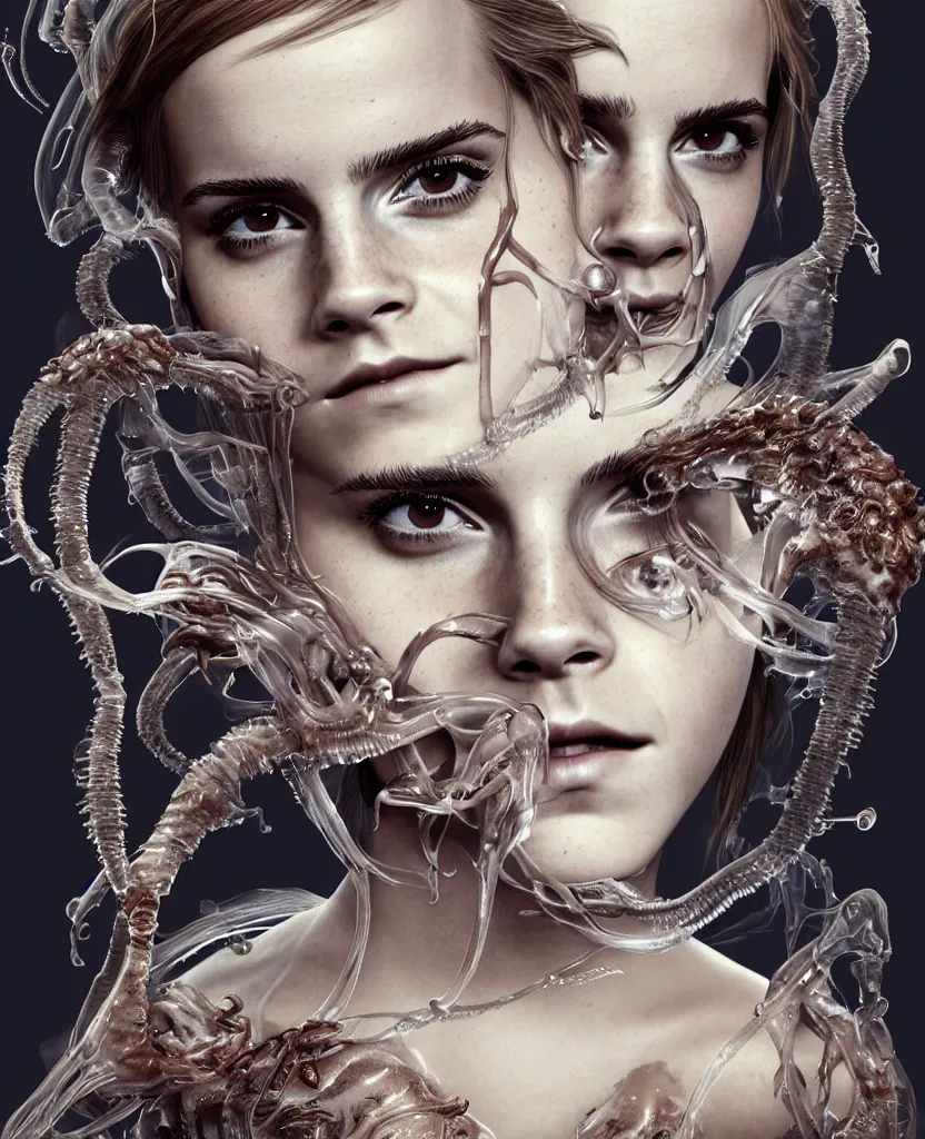 Image similar to EMMA WATSON close-up macro portrait of the face of a beautiful princess with animal skull mask and ribcage, epic angle and pose, symmetrical artwork, 3d with depth of field, blurred background, cybernetic jellyfish female face skull phoenix bird, translucent, nautilus, energy flows of water and fire. a highly detailed epic cinematic concept art CG render. made in Maya, Blender and Photoshop, octane render, excellent composition, cinematic dystopian brutalist atmosphere, dynamic dramatic cinematic lighting, aesthetic, very inspirational, arthouse. y Greg Rutkowski, Ilya Kuvshinov, WLOP, Stanley Artgerm Lau, Ruan Jia and Fenghua Zhong