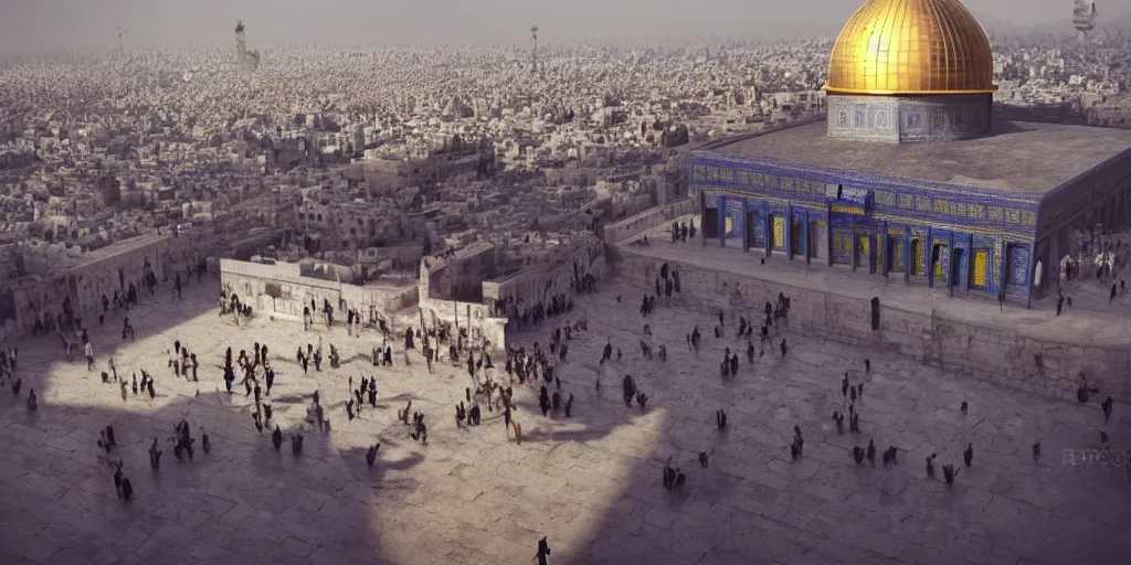 Image similar to dome of the rock, people walking, action scene, an epic fantasy, dramatic lighting, cinematic, establishing shot, extremely high detail, photorealistic, cinematic lighting, artstation, octane render, by christopher nolan, horizon forbidden west