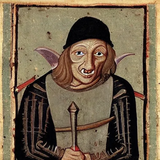 Image similar to medieval portrait of a goblin stabbed by a beautiful sword, simple