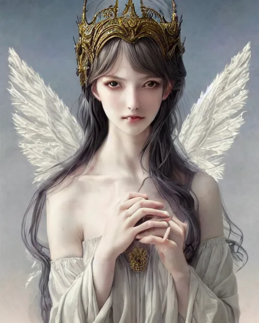 Image similar to an infinitely detailed portrait of a frail and pale female peace angel elegantly. fully - clothed full - body, beautiful! scenery art!! coherent! by wlop & murata, victorian color palette, artstation / pixiv!! highly elegantly armored angel portrait full - body, dreamy art