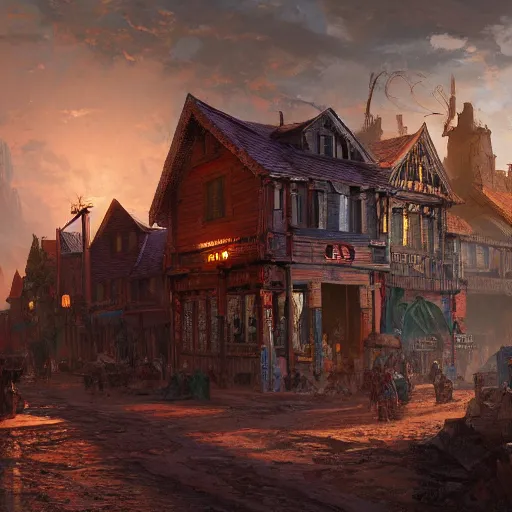 Image similar to artstation concept of historic old west town, bright colorful, hyperdetailed, artstation trending, world renowned artists, worth1000.com, historic artworks society, antique renewel, cgsociety, by greg rutkowski, by Gustave Dore, Deviantart