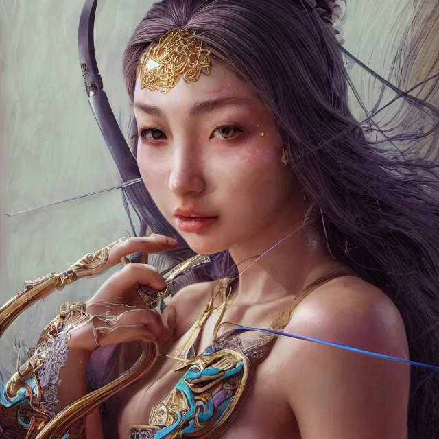 Image similar to studio portrait of neutral good colorful female cleric bard healer as absurdly beautiful, elegant, young sensual swimsuit model, ultrafine hyperrealistic detailed face illustration by kim jung gi, irakli nadar, intricate linework, sharp focus, bright colors, matte, octopath traveler, final fantasy, unreal engine highly rendered, global illumination, radiant light, intricate environment