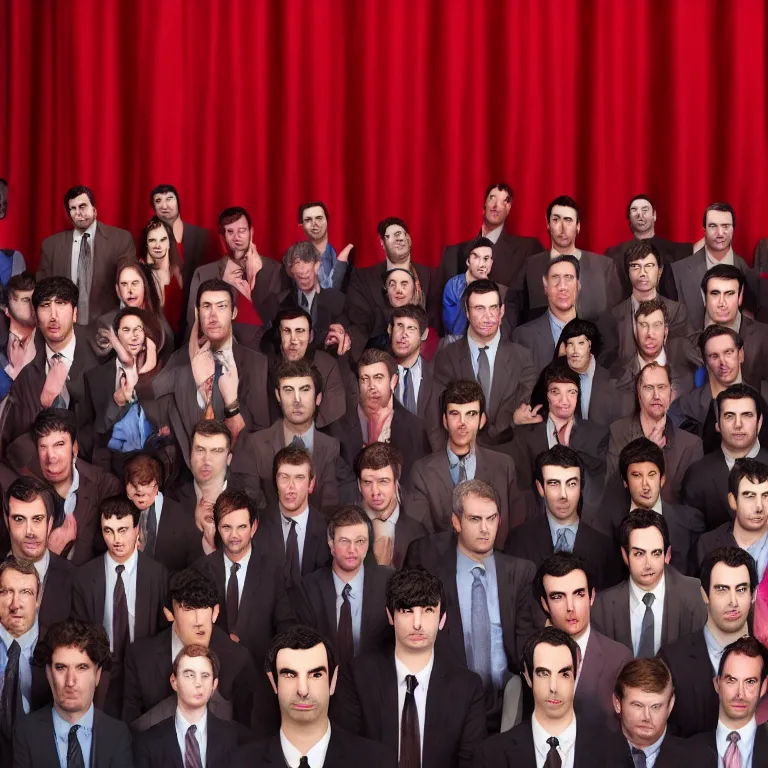 Image similar to focused dslr photograph of hundreds of nathan fielder from nathan for you on comedy central filmed by a tv crew on a stage with a red curtain, meta, fractal, trippy, high detail!!! 8 k, photorealism, sharp focus, volumetric lighting, coherent!!! art directed, rule of thirds, facial details, expressions, hd, professional